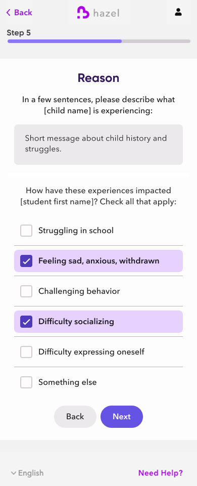 Reason step where a parent describes the child's experience and selects relevant concerns.