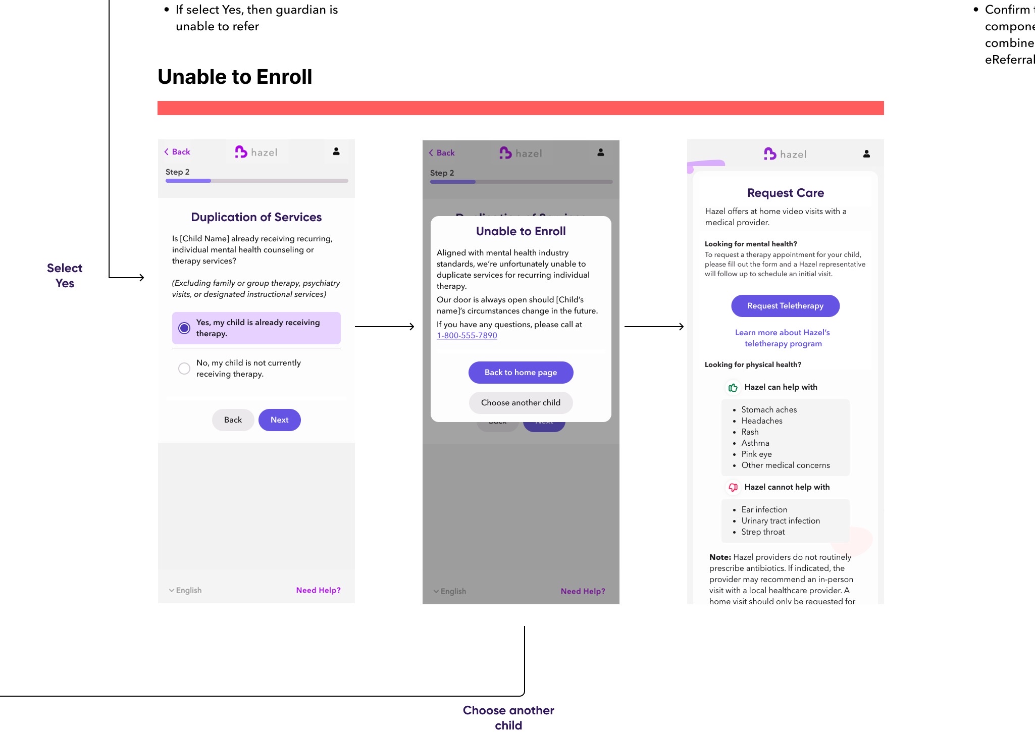 Exception path showing duplication of services, the unable-to-enroll message, and the option to choose another child.