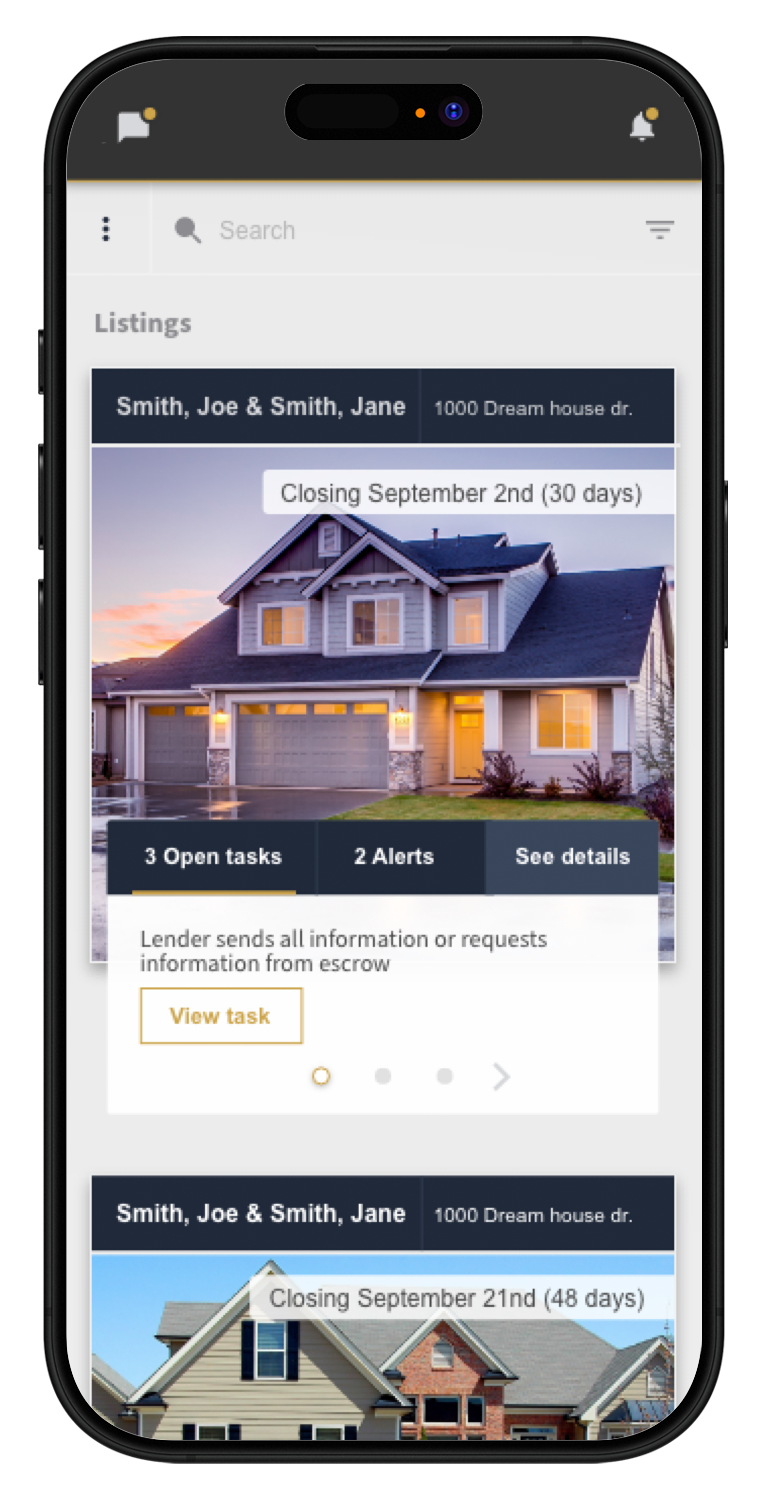 Early Modus mobile listings experience showing properties, closing dates, open tasks, and alerts.