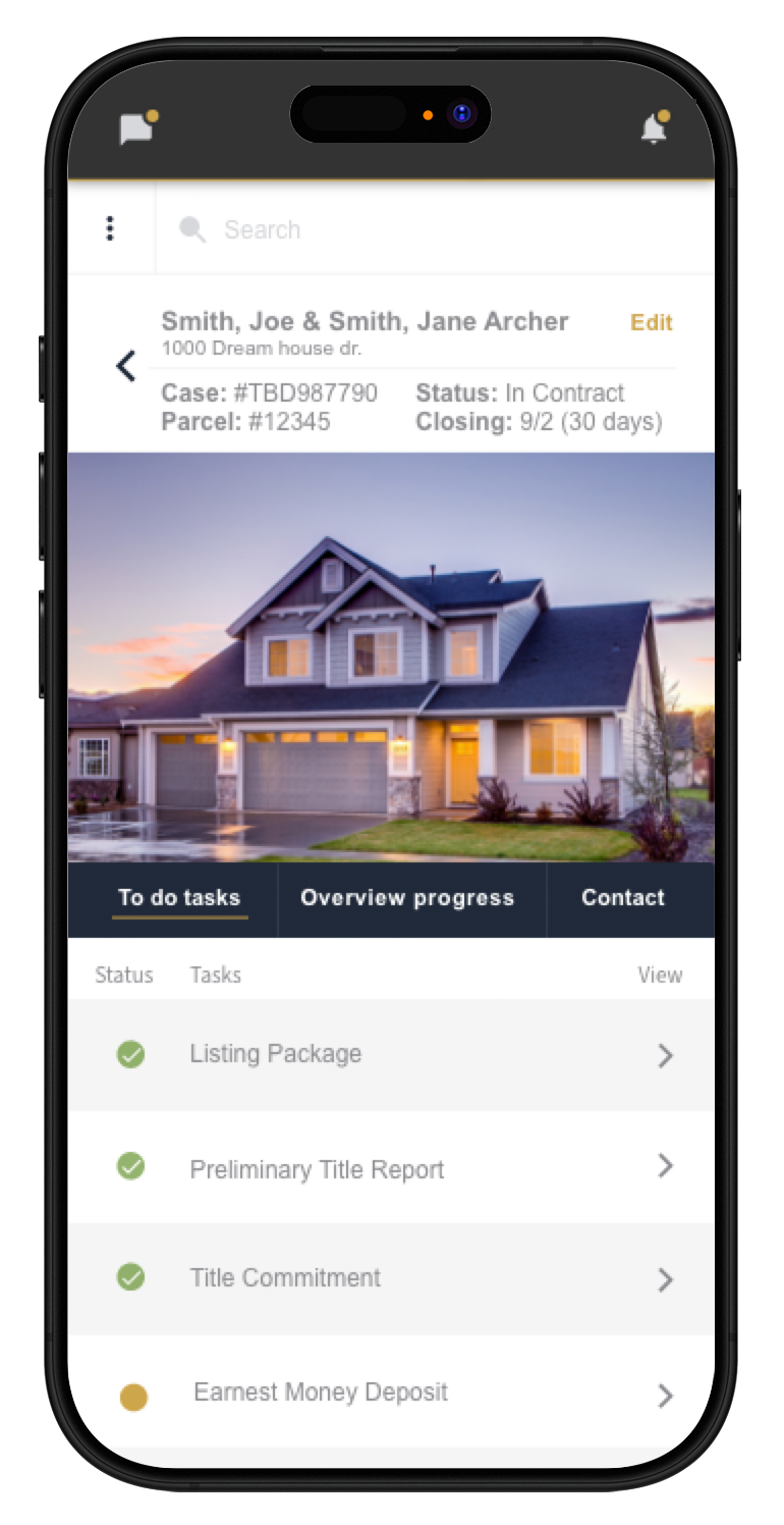 Early Modus mobile transaction experience showing property status and a prioritized closing task list.