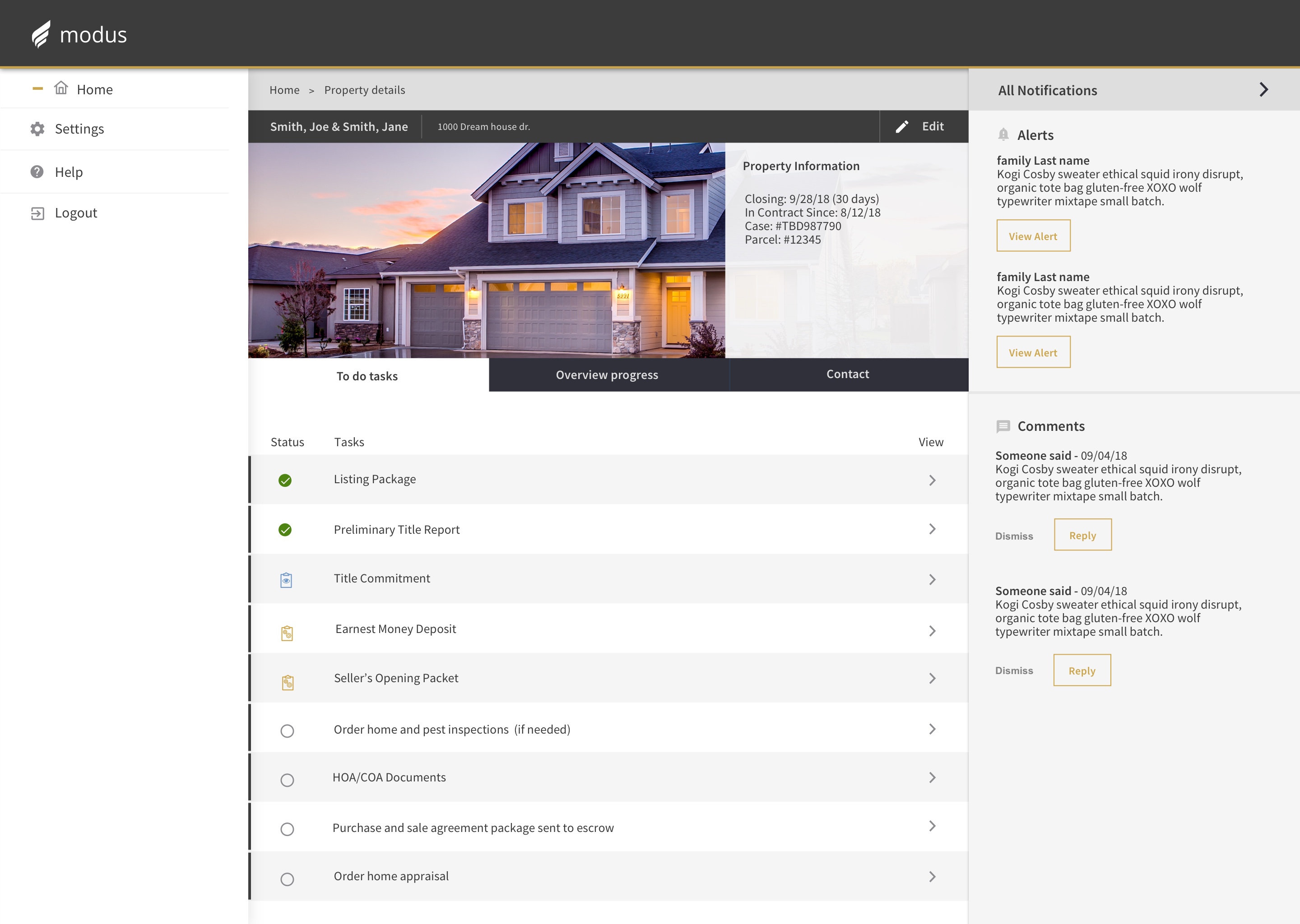 Early Modus task management experience for an active home-closing transaction.