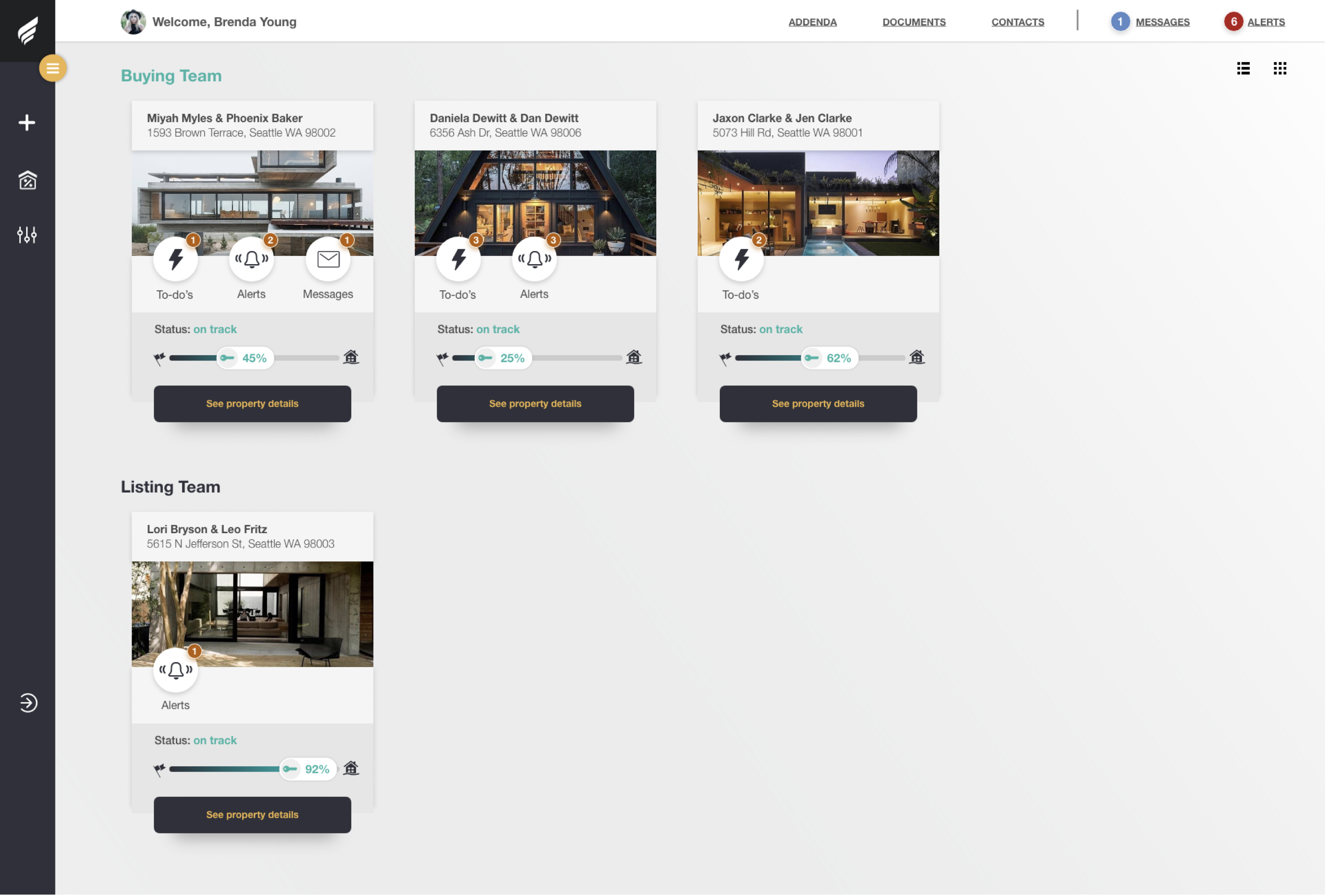 Modus V2 buyer and agent portfolio showing transaction teams, alerts, messages, and progress.