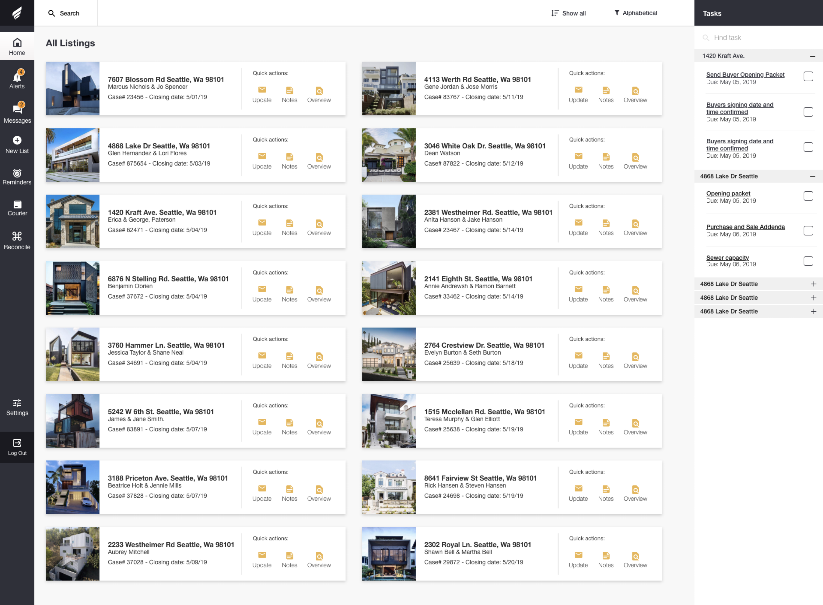 Modus V2 internal escrow listings experience with quick actions and a persistent transaction task queue.