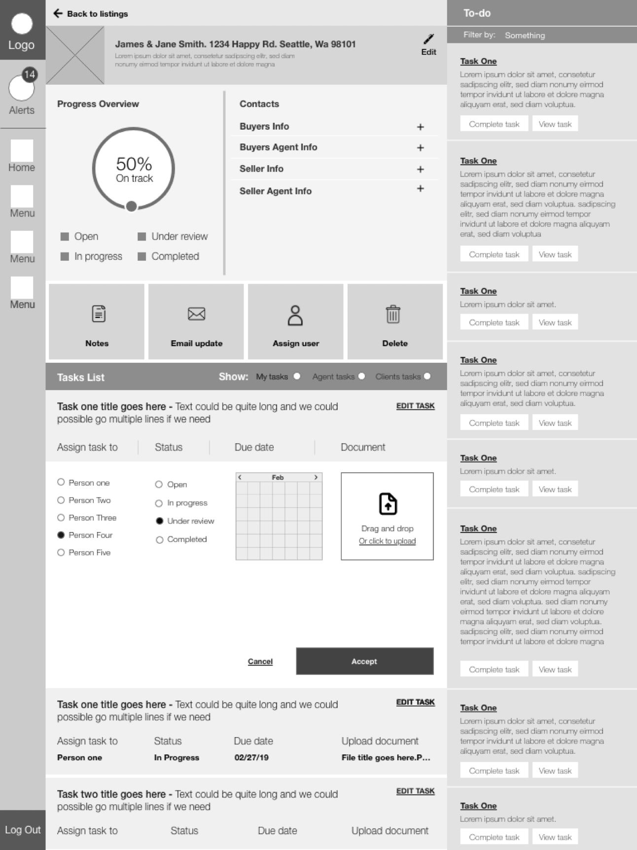 Early Modus V2 wireframe exploring a detailed internal transaction workspace with progress, contacts, task assignment, documents, and a to-do panel.